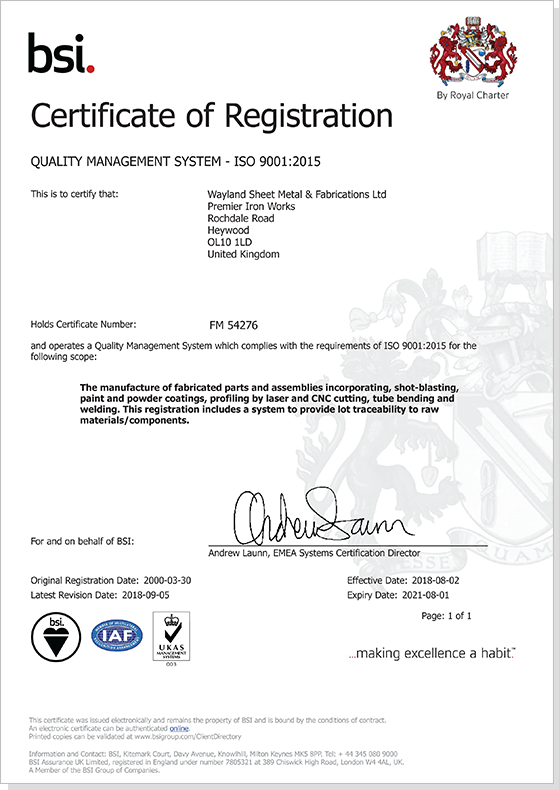 Wayland ISO 9001 Certificate